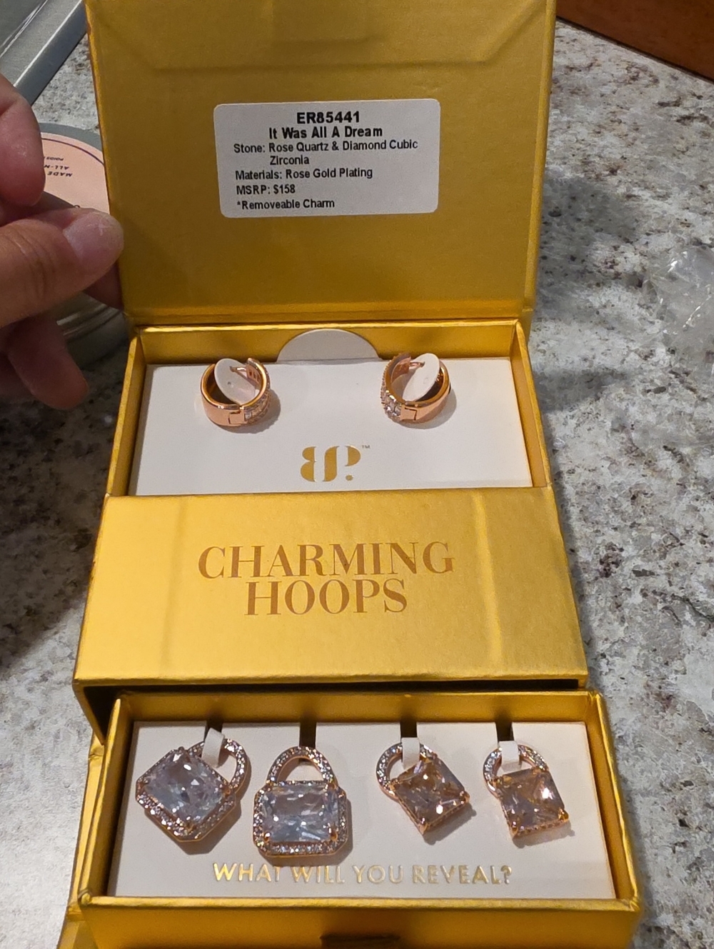 BP Rose Gold Hoop Earrings with Rose Quartz & Cubic Zirconia